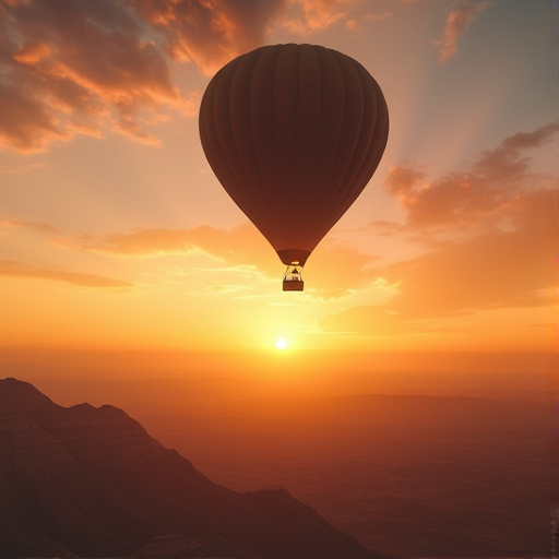 Serene Sunset Flight: A Hot Air Balloon Silhouetted Against the Golden Sky