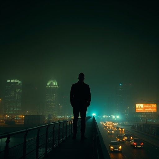 Silhouette of Solitude: A Lone Figure on a City Bridge