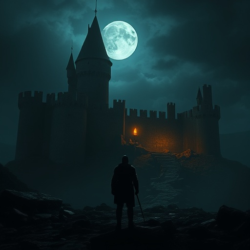 Silhouetted Against the Moon: A Lone Figure Faces the Castle’s Shadow