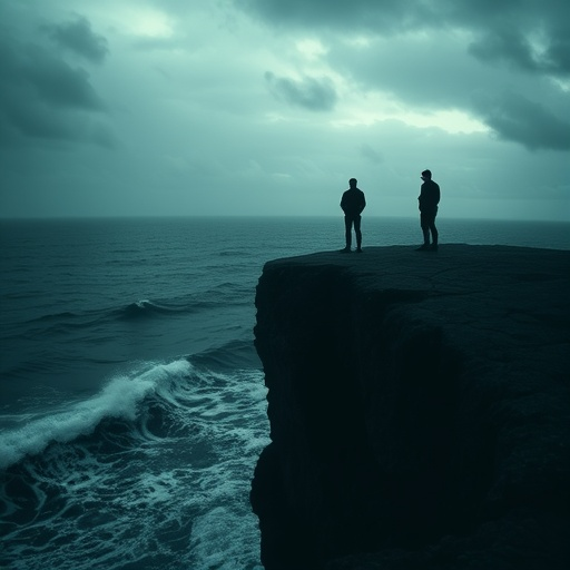 Two Figures Silhouetted Against a Stormy Sea