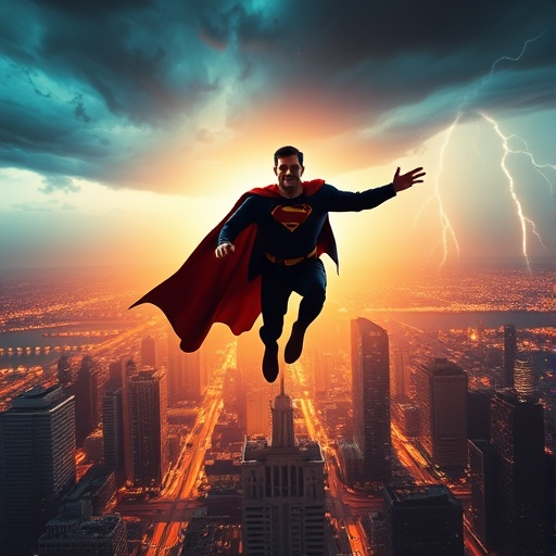 Superman Soars Through a Stormy Metropolis