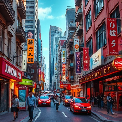 A Vibrant City Street: Where Life Bustles and Buildings Blend