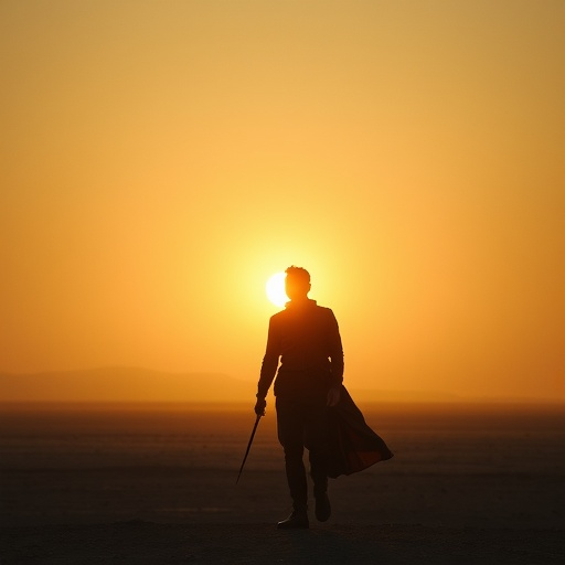 Silhouette of Hope: A Lone Figure Walks Towards the Setting Sun