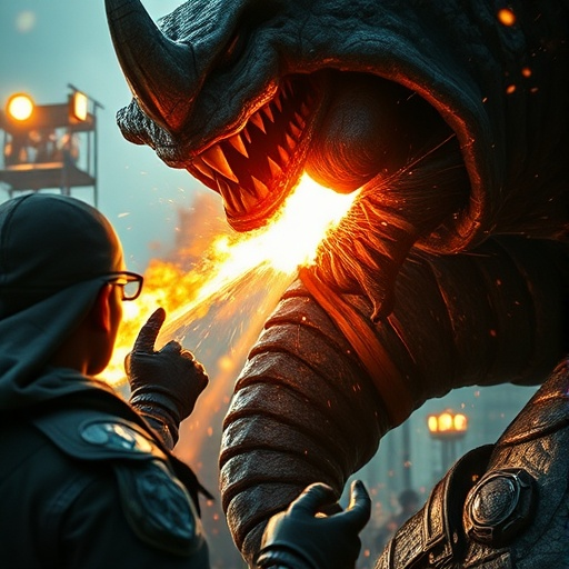 Man Faces Fire-Breathing Monster in Cityscape Showdown