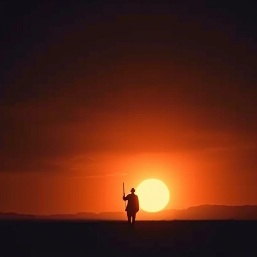 A Solitary Figure Walks Towards the Setting Sun in a Vast Desert