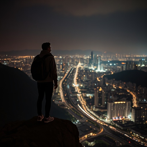 Silhouette of Solitude: A Man Contemplates the City Lights