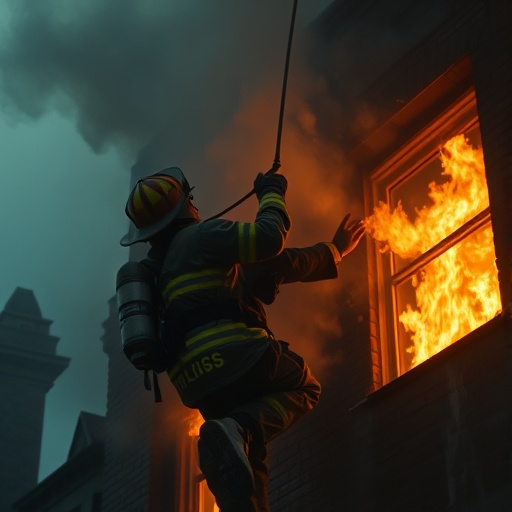 Heroic Silhouette: Firefighter Battles Blaze