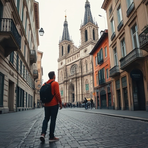 Tranquil Urban Journey Towards a Majestic Cathedral