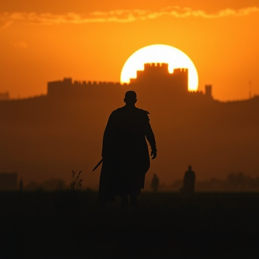 Silhouette of Solitude: A Lone Figure Walks Away from a Distant Castle at Sunset