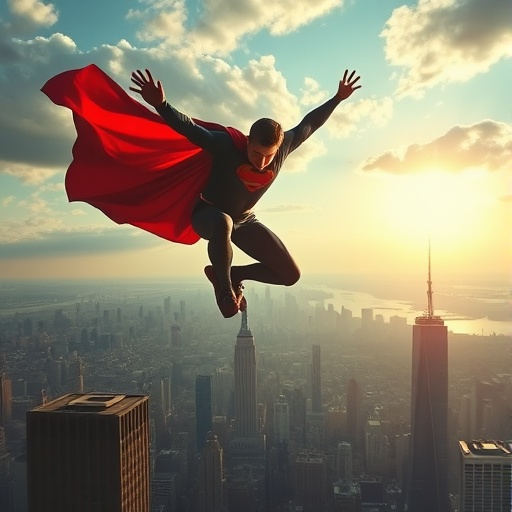 Hope Takes Flight: Superhero Soars Over Cityscape