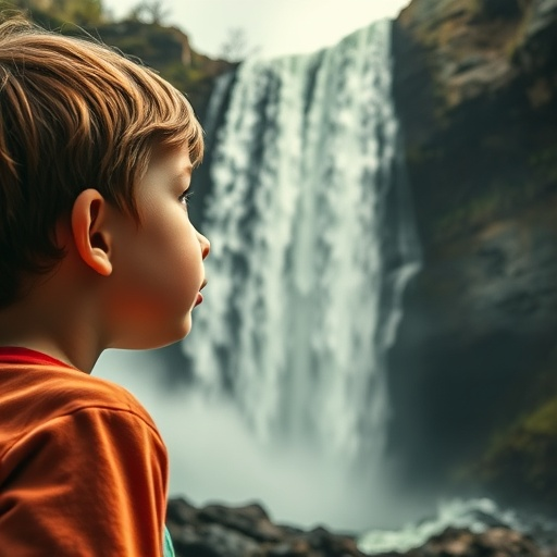 Lost in Wonder: A Boy Gazes at a Majestic Waterfall