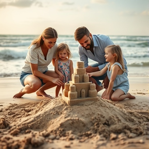 Sunset Serenity: Family Builds Sandcastle Memories