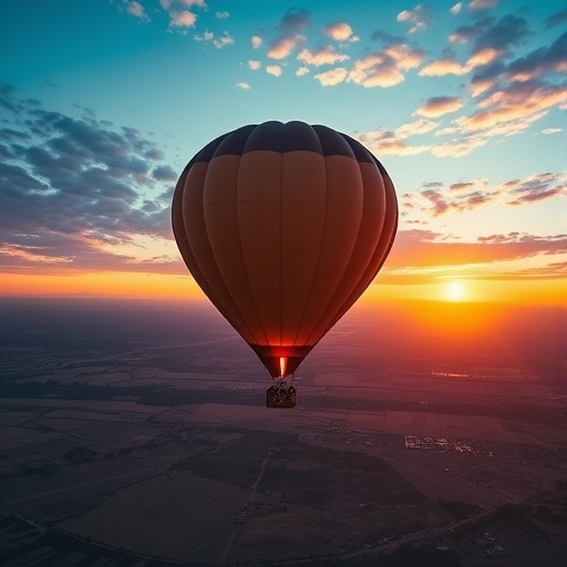 Sunset Serenity: A Hot Air Balloon Soars Through Golden Hues