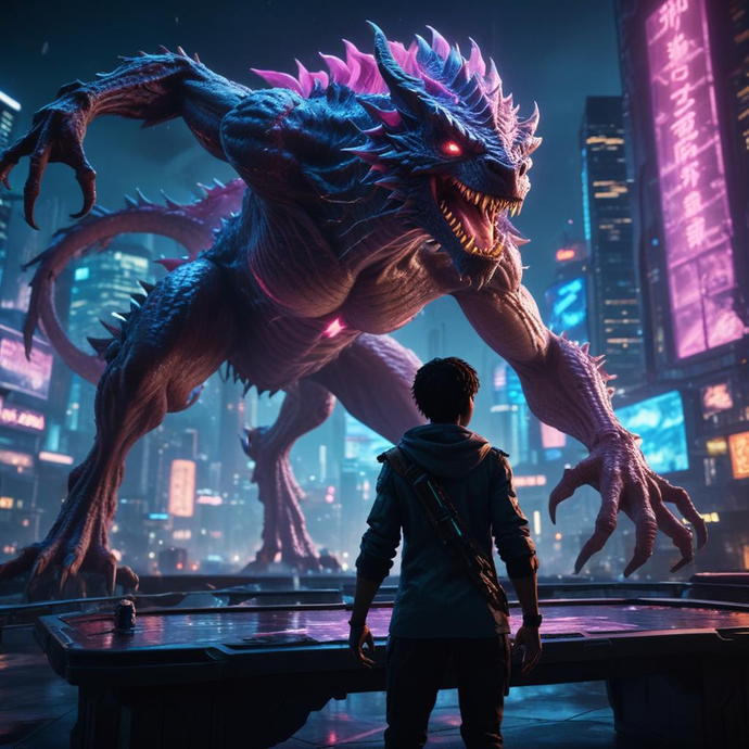 Giant Purple Monster Looms Over Cityscape, Threatening Man’s Fate