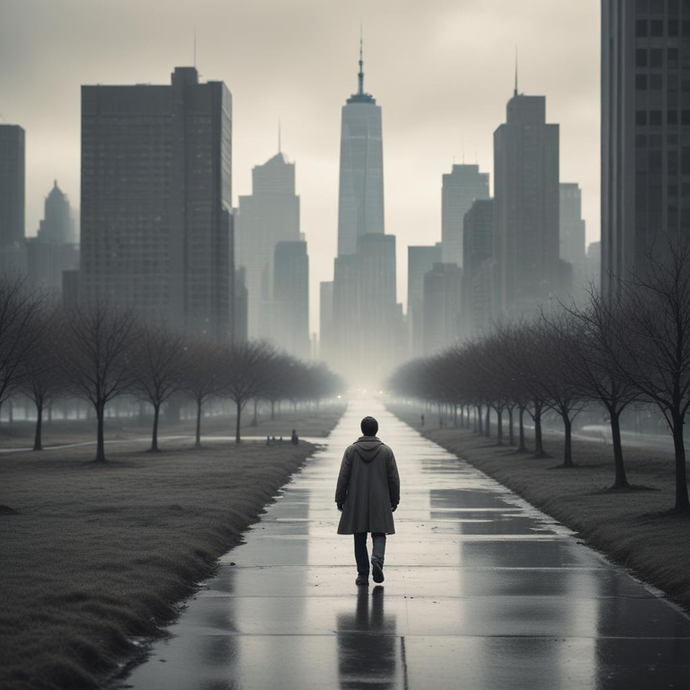 Lost in the Mist: A Solitary Figure Contemplates the City