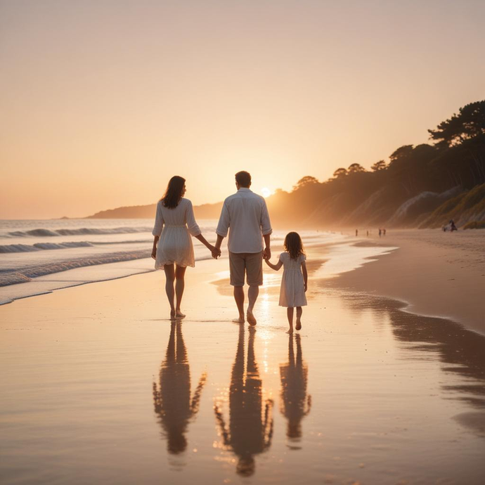 Sunset Silhouettes: A Family’s Tranquil Walk on the Beach