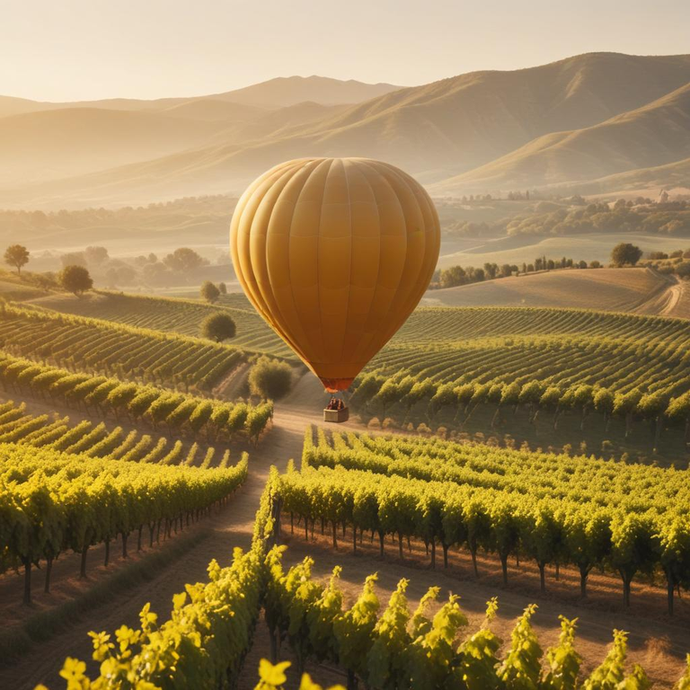 Sunset Serenity: A Hot Air Balloon Soars Over Tranquil Vineyards