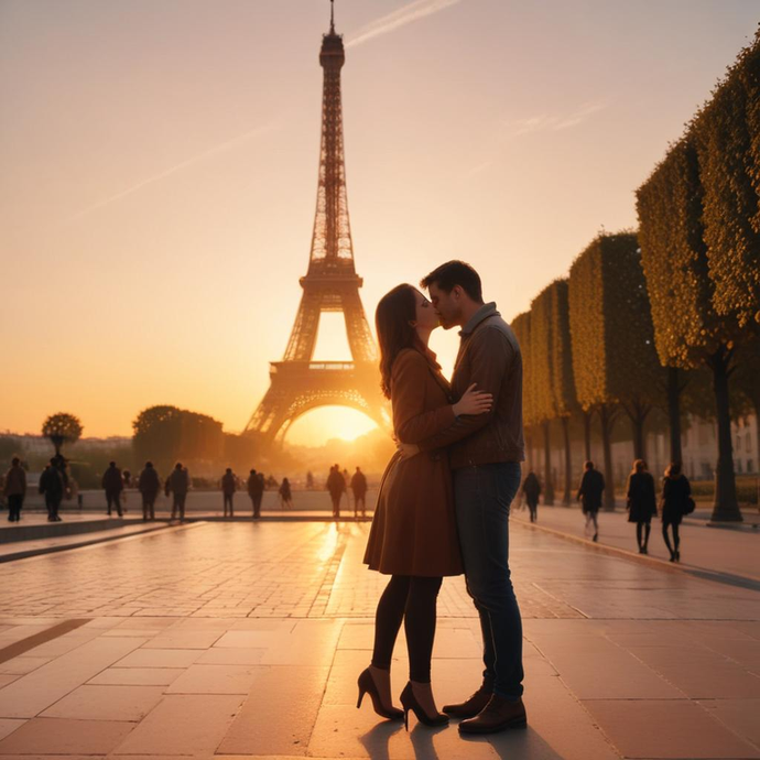 Parisian Romance: A Sunset Kiss at the Eiffel Tower