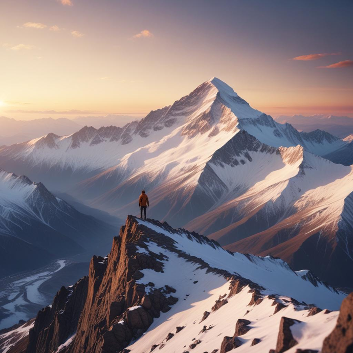 Solitude and Majesty: A Golden Sunset Over Snow-Capped Peaks