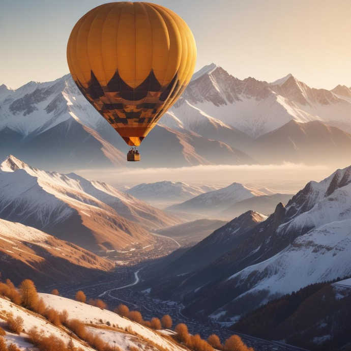 Sunrise Serenity: A Hot Air Balloon Soars Above Snowy Peaks