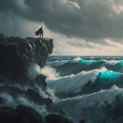 Silhouetted Figure on a Stormy Cliff: A Moment of Ominous Intensity