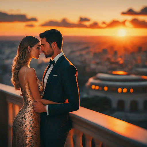 Sunset Romance: A Couple’s Embrace Against the City Lights