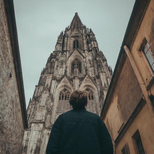 Lost in Awe: A Solitary Figure Gazes Up at a Majestic Cathedral