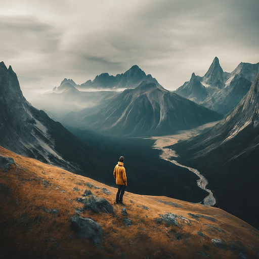 Lost in the Vastness: A Hiker Finds Tranquility on a Mountain Ridge