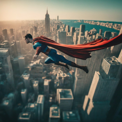 Heroic Flight: A Superhero Soars Above the City