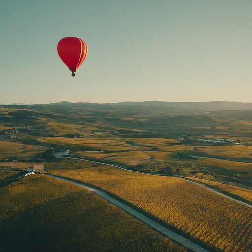 A Single Red Balloon Soaring Over Tranquil Landscape