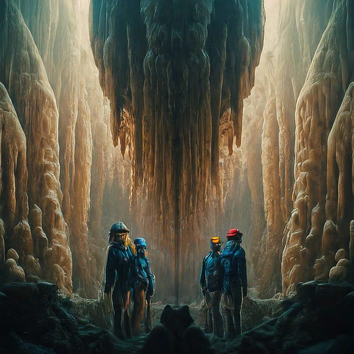 Awe-Inspiring Cave: Figures Gather Under a Majestic Rock Formation