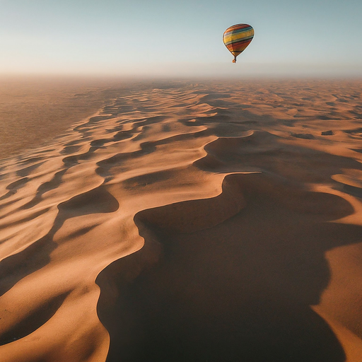 Tranquility in the Desert: A Single Hot Air Balloon Soars Above Vast Dunes