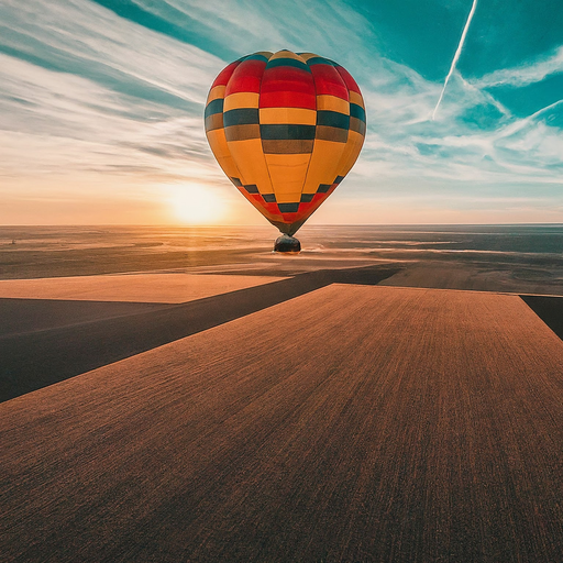 Serene Sunset Flight: A Hot Air Balloon Soars Above the Horizon