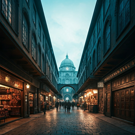 Mystical Cobblestone Street Leads to Enchanting Dome