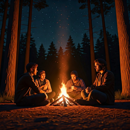 Campfire Glow: Friends Gather Under the Stars