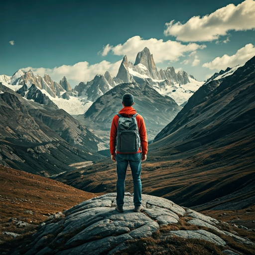 A Moment of Awe: Hiker Contemplates Majestic Mountain Range