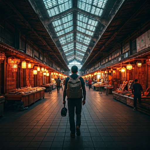 Lost in the Labyrinth: A Man Walks Through a Dimly Lit Market