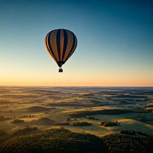 Golden Hour Serenity: A Hot Air Balloon Soars Above Tranquil Landscapes