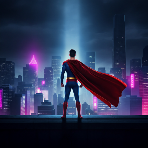 Superhero Stands Tall Against the City Lights