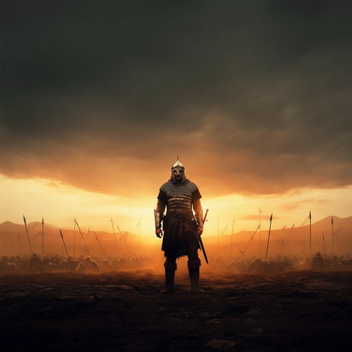 One Against Many: A Warrior’s Silhouette Against the Setting Sun