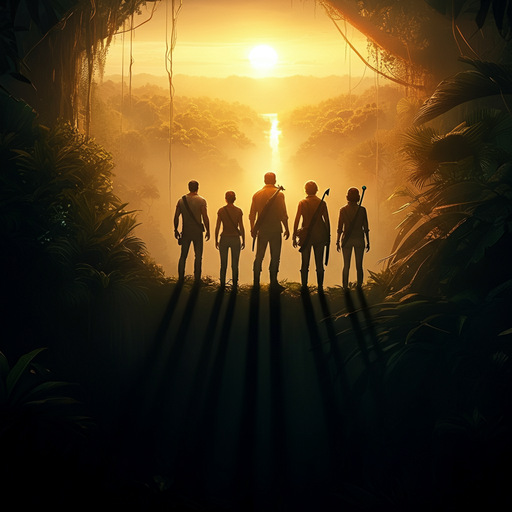 Silhouettes of Adventure: A Golden Sunset in the Jungle