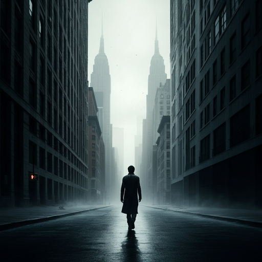 Lost in the Mist: A Solitary Figure in a City of Shadows