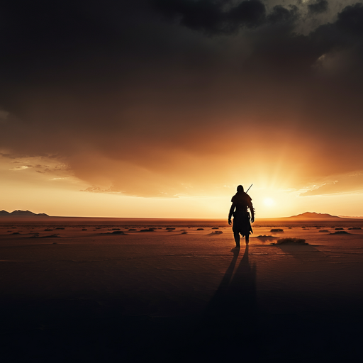 Silhouetted Against the Setting Sun: A Lone Figure in the Vast Desert