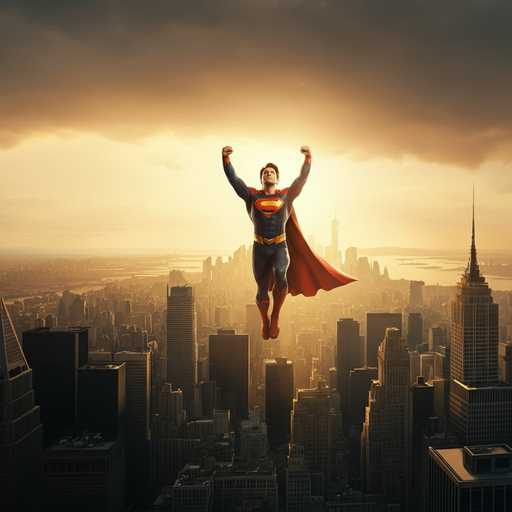 Superman Soars Above a Golden Cityscape