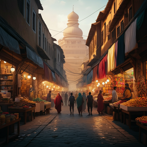 A Bustling Street Market Bathed in Golden Sunset