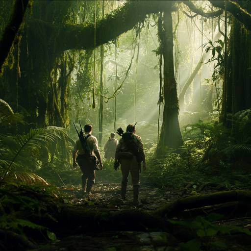 Lost in the Emerald Light: Explorers Venture Through a Mystical Jungle