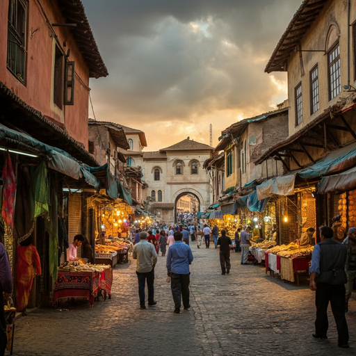 Golden Hour Magic: A Bustling Street Leads to History