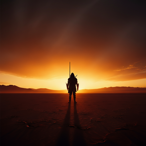 Silhouetted Knight: A Lone Figure Against the Fiery Sunset