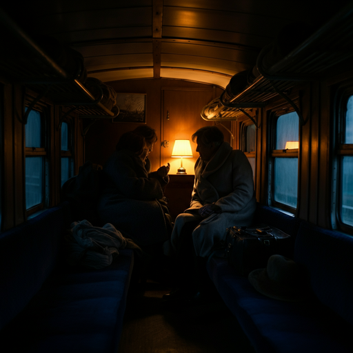 Mystery Unfolds in the Shadows of a Dimly Lit Train Compartment