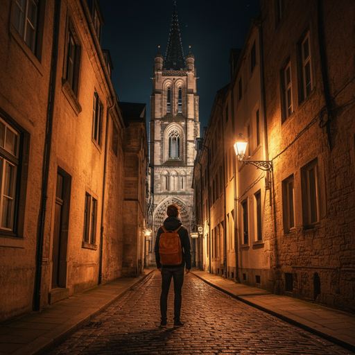 Lost in the Shadows: A Solitary Figure Gazes at a Luminous Church